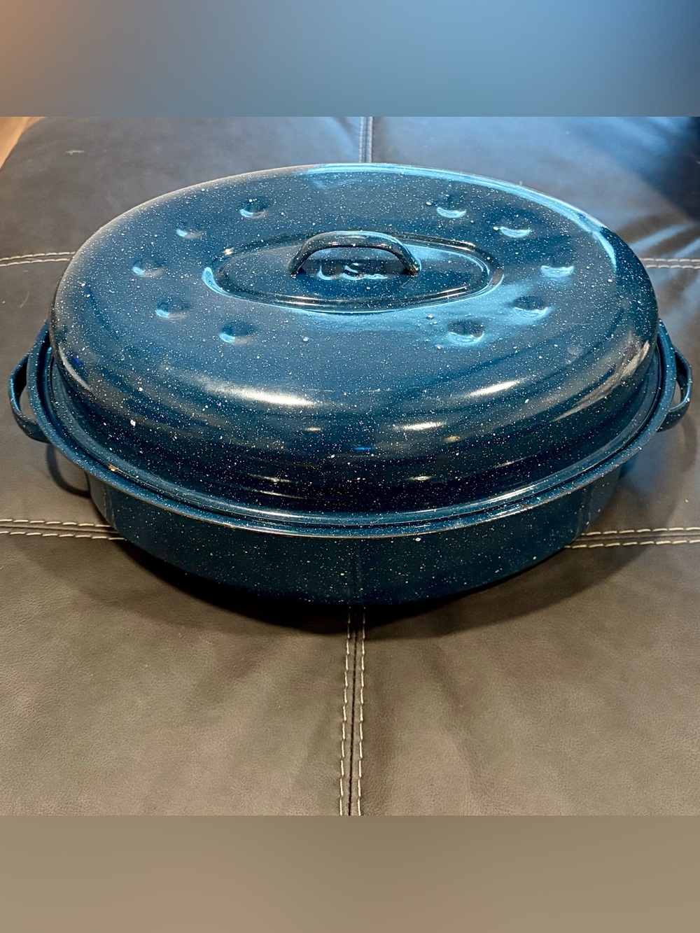 Vintage Granite Ware Oval Roasting Pan, Blue with White Speckles, 18 in